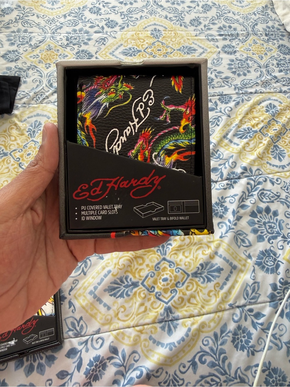 Ed Hardy Black Wallet with Multicolor Dragon Design